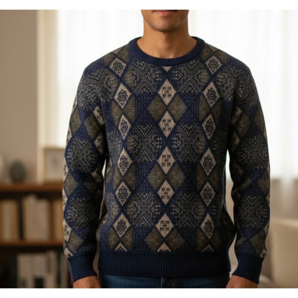 Jantzen Vintage Argyle Crewneck Sweater Mens Medium Blue Green Wool Blend Canada